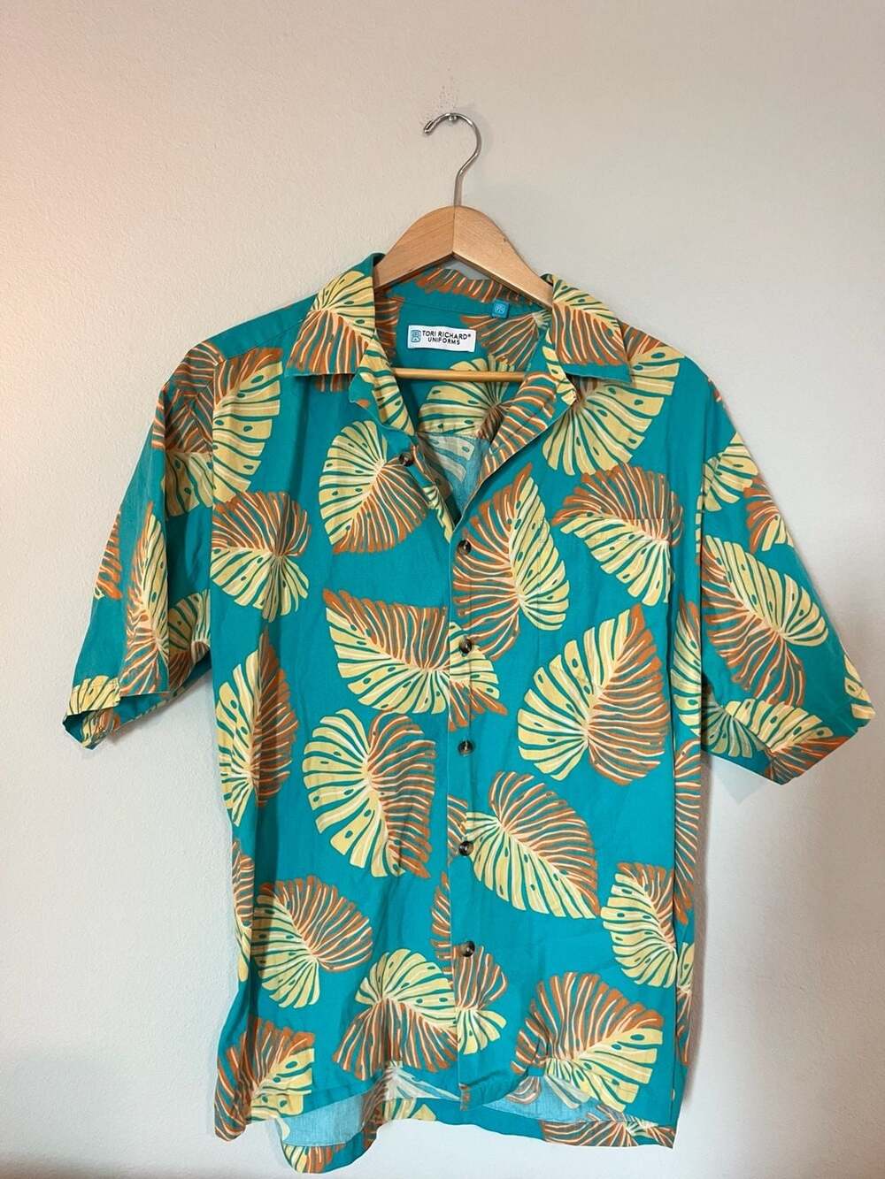 Tori Richard, Uniforms Short Sleeve Hawaiian Shirt, Palm Leaves, Teal, Large
